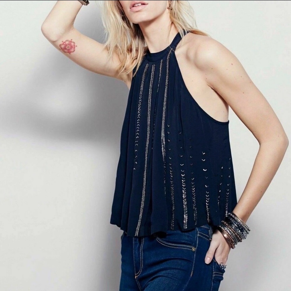 Free People Beaded Halter Swing Top – Black | Size M | Pre-Owned